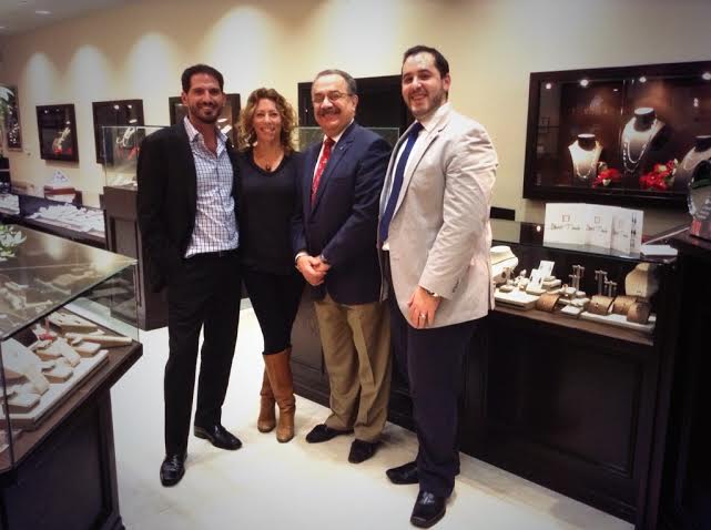 Couture jewelry designer Alberto Parada, Rochelle Robinson (wearing one Alberto's necklaces) and  Edward and Avo Avedis of Readers Fine Jewelers in their Santa Monica store for Alberto's Trunk Show