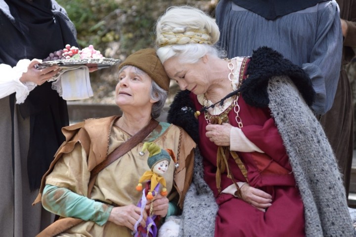 Melora Marshall as Lear's Fool and Theatricum's artistic director, Ellen Geer, as Queen Lear (photo credit: Ian Flanders)