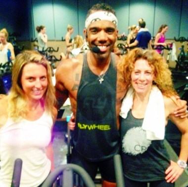 Melissa Curtin, co-founder of LaLaScoop, the incredible spin instrutor, Victor Self, and Rochelle Robinson, co-founder of LaLaScoop, at ClassPass LA launch at Flywheel in Hollywood
