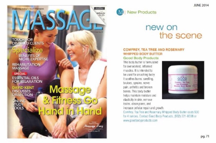 GoodBody Products new Comfrey, Tea Tree, and Rosemary Whipped Body Butter featured in Massage Magazine (photo: courtesy of GoodBody Products)
