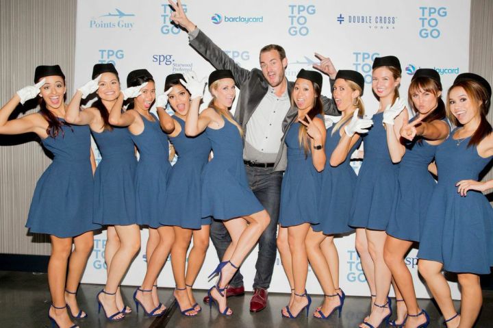 Brian Kelly, "The Points Guy," with his crew of hostesses dressed as flight attendants for his "TBG to Go" App launch party at the W Loft in Hollywood (photo: courtesy of The Points Guy)
