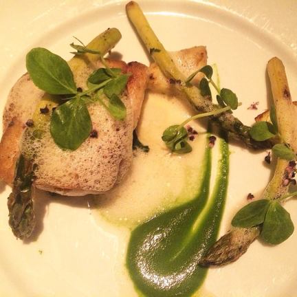 Local Halibut with Bloomsdale spinach, artichoke, asparagus, and spring garlic at The Larchmont. (Photo credit: Melissa Curtin)