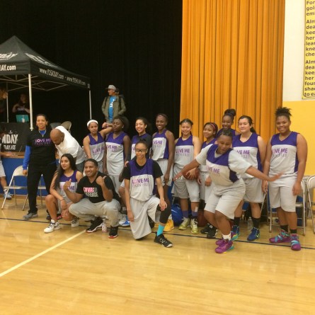 St. Mary's Academy Girls Basketball Players pre-win at Divas in Defense Celebrity Fundraising Basketball Game on their home turf with Divas in Defense co-founders Cole Parker and Chris Britto (photo credit: Rochelle Robinson)