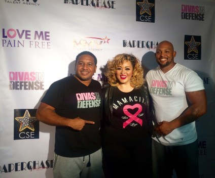 Divas in Defense co-founders, Cole Parker and Chris Britti with Cecelia "Mamasita" of Kday Radio at Divas in Defense Celebrity Funderaising Basketball Game at St. Mary's Academy (photo credit: Rochelle Robinson)