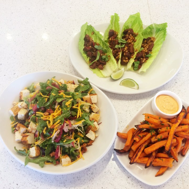 LYFE Kitchen Farmers Salad, Vietnamese Lettuce Wraps and Sweet Potato Fries (photo credit: Rochelle Robinson)